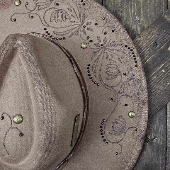 NWT Taupe Hand Burned Dark Fedora Cowboy Hat With Genuine Leather main image 5